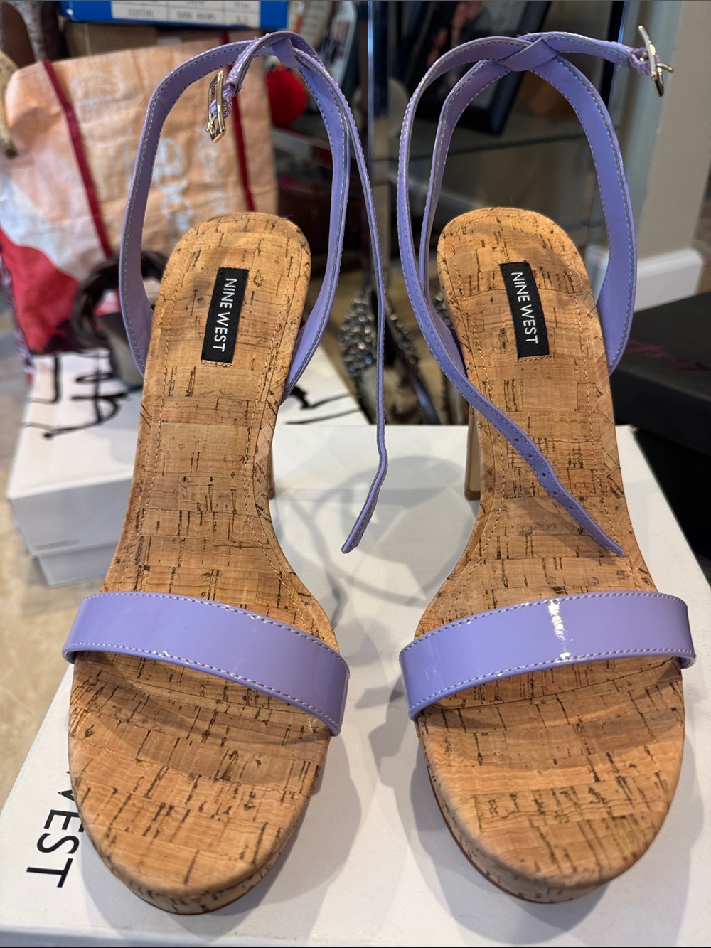 Nine West Lilac Patent Cork Block Heel Sandals with Ankle Strap